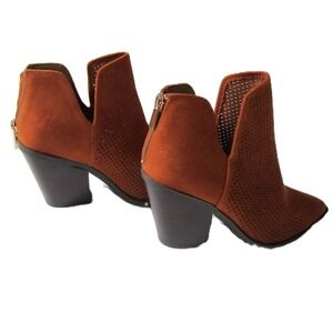 Bamboo Ankle Boot Heels Perforated Faux Suede Brown Workwear Minimalist 7